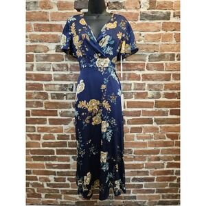 JJs House Dress Floral Print V-Neck A-line Satin Midi Dresses 50" Long Size SM